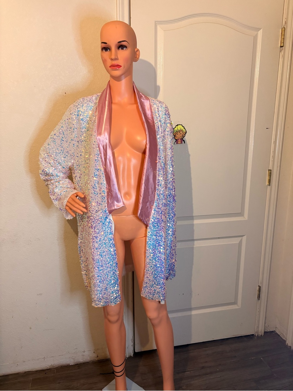 Iridescent Sequin Lounge Robe with Pink Satin Trim
